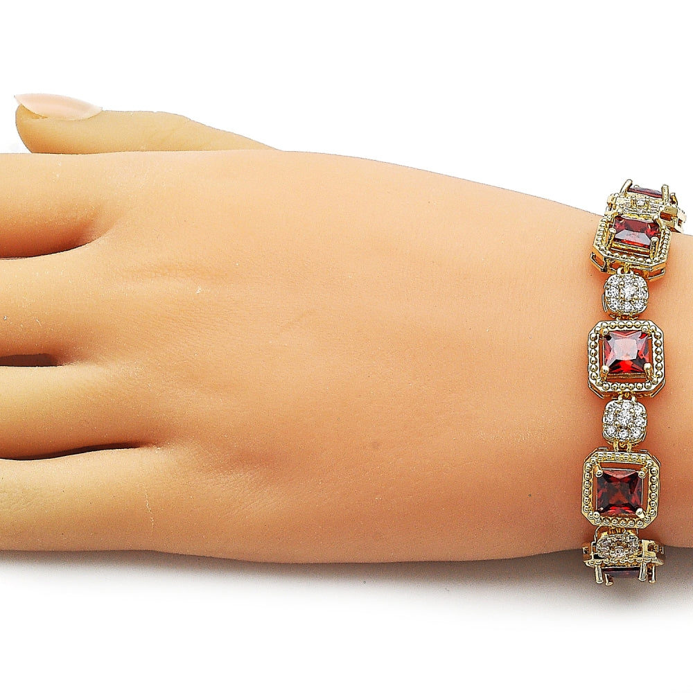 Oro Laminado Tennis Bracelet, Gold Filled Style Cluster Design, with Garnet and White Cubic Zirconia, Polished, Golden Finish