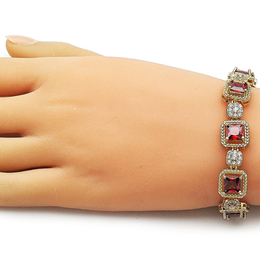 Oro Laminado Tennis Bracelet, Gold Filled Style Cluster Design, with Garnet and White Cubic Zirconia, Polished, Golden Finish