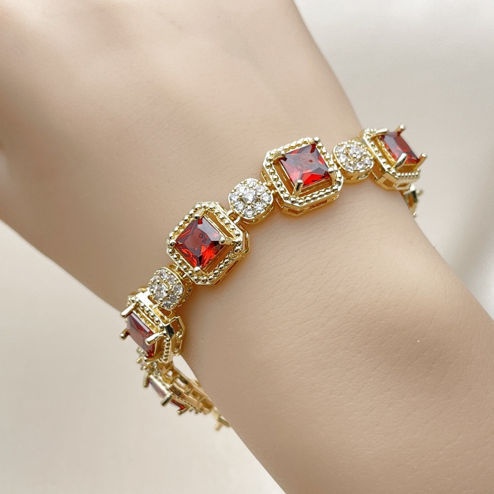 Oro Laminado Tennis Bracelet, Gold Filled Style Cluster Design, with Garnet and White Cubic Zirconia, Polished, Golden Finish