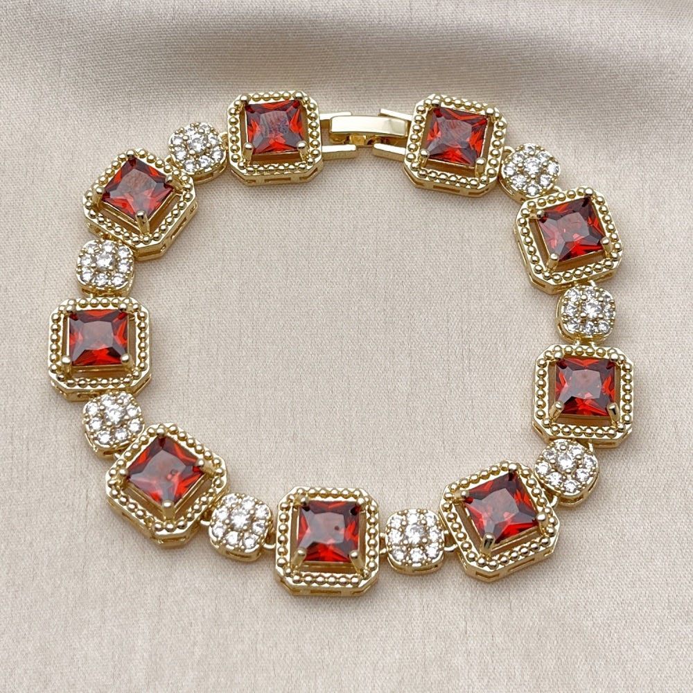 Oro Laminado Tennis Bracelet, Gold Filled Style Cluster Design, with Garnet and White Cubic Zirconia, Polished, Golden Finish