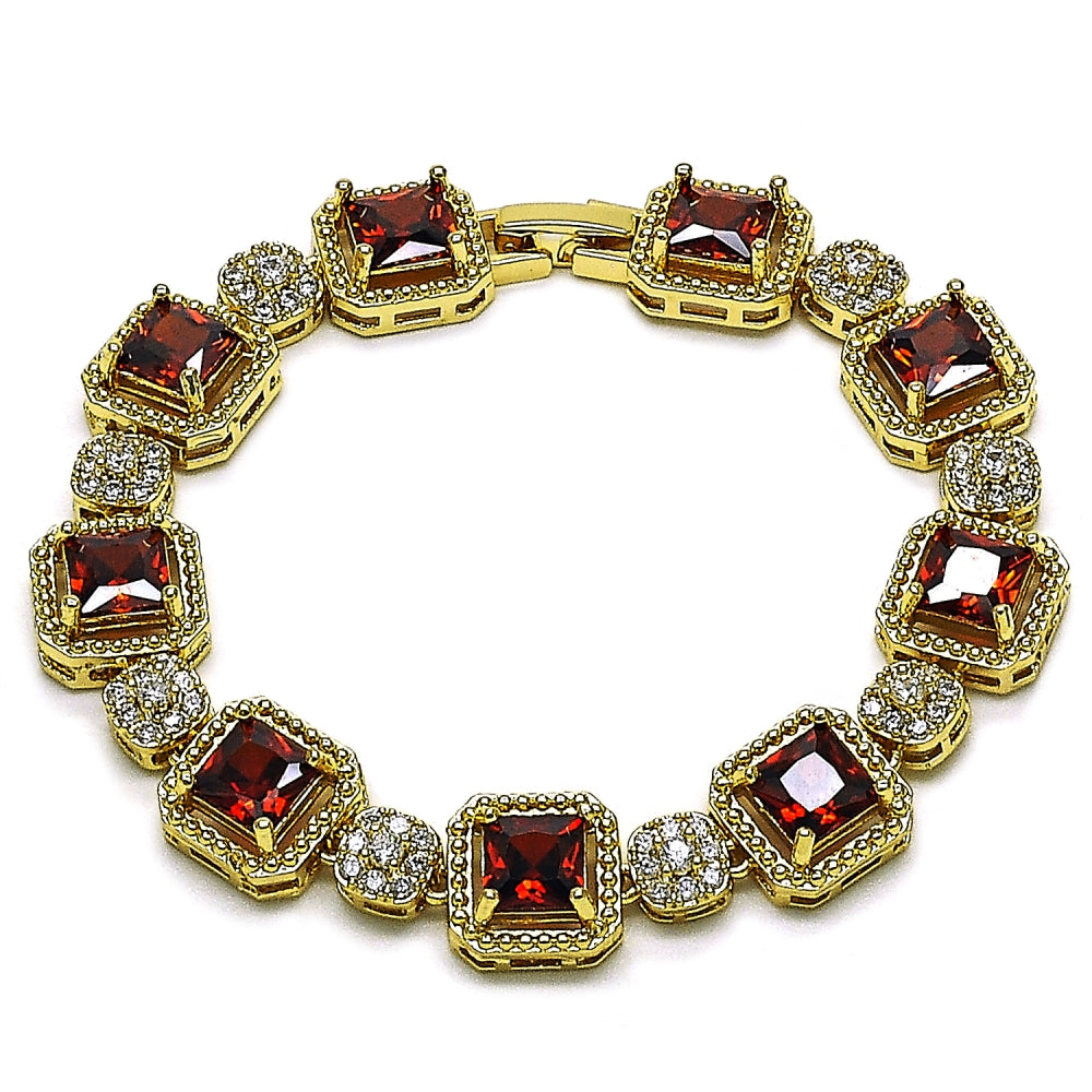 Oro Laminado Tennis Bracelet, Gold Filled Style Cluster Design, with Garnet and White Cubic Zirconia, Polished, Golden Finish