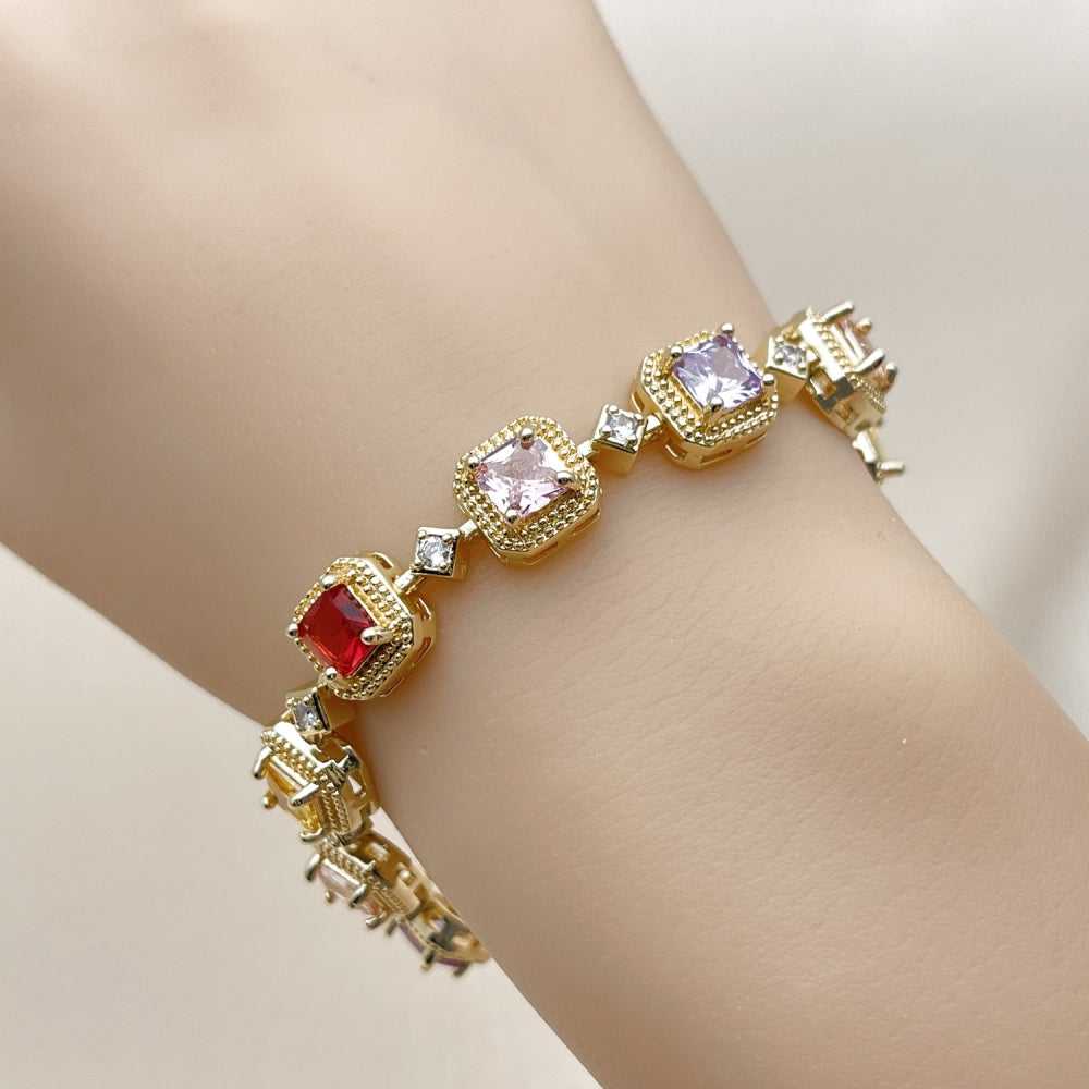 Oro Laminado Tennis Bracelet, Gold Filled Style Cluster Design, with Multicolor and White Cubic Zirconia, Matte Finish, Golden Finish