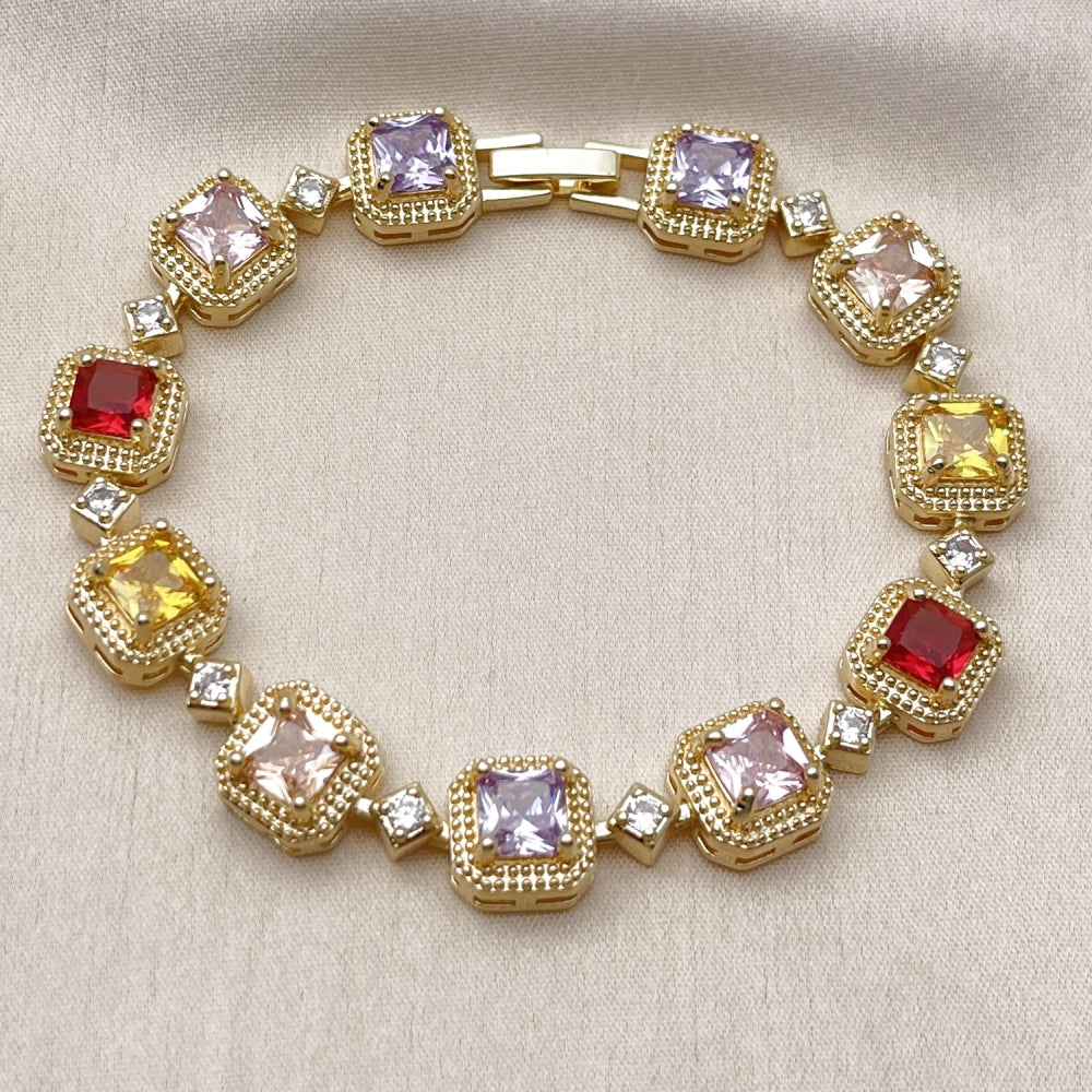 Oro Laminado Tennis Bracelet, Gold Filled Style Cluster Design, with Multicolor and White Cubic Zirconia, Matte Finish, Golden Finish