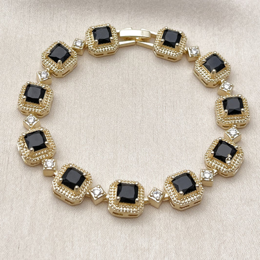 Oro Laminado Tennis Bracelet, Gold Filled Style Cluster Design, with Black and White Cubic Zirconia, Matte Finish, Golden Finish