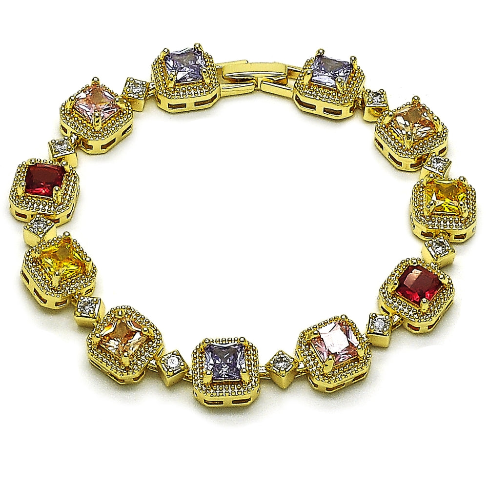 Oro Laminado Tennis Bracelet, Gold Filled Style Cluster Design, with Black and White Cubic Zirconia, Matte Finish, Golden Finish