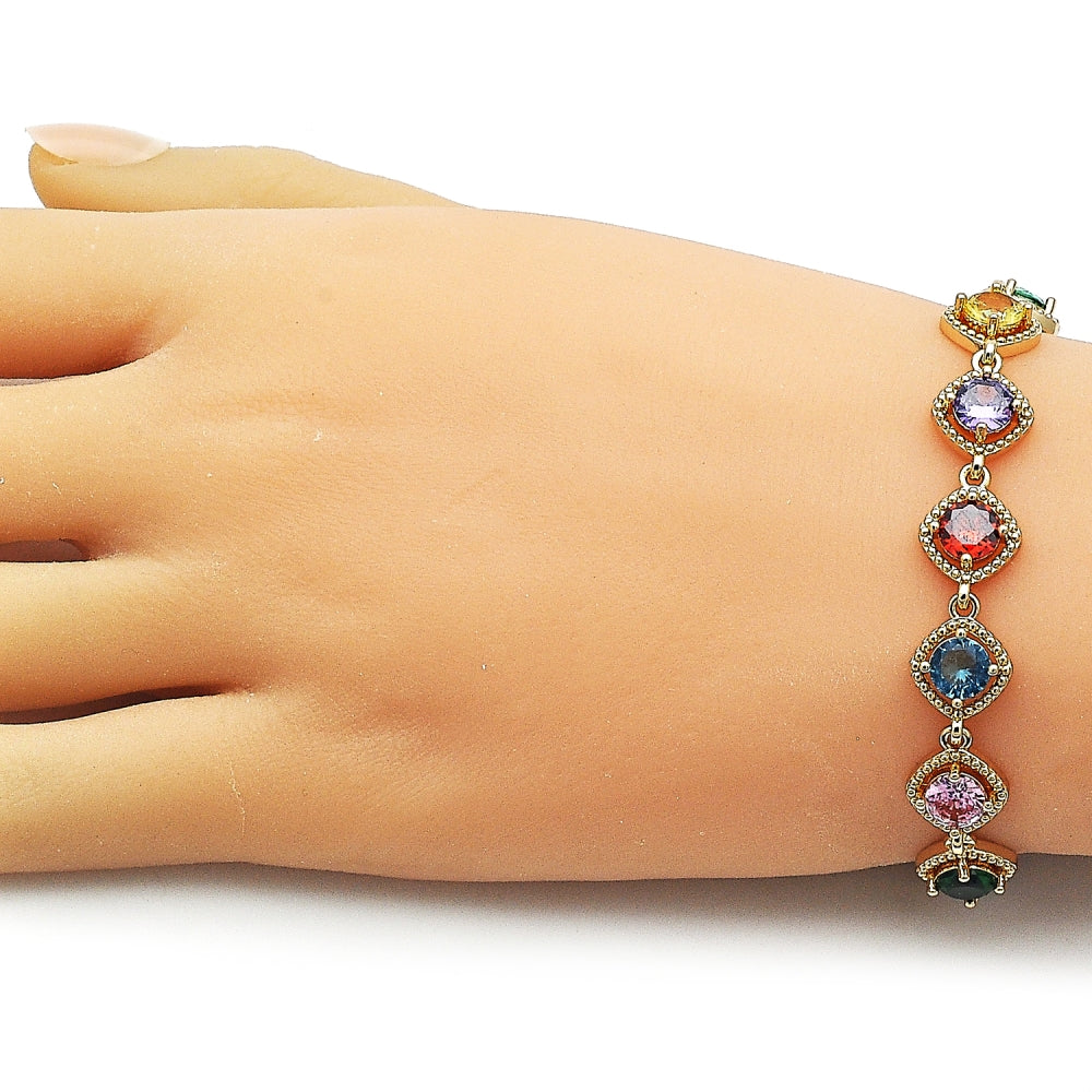 Oro Laminado Tennis Bracelet, Gold Filled Style with Multicolor Cubic Zirconia, Polished, Golden Finish