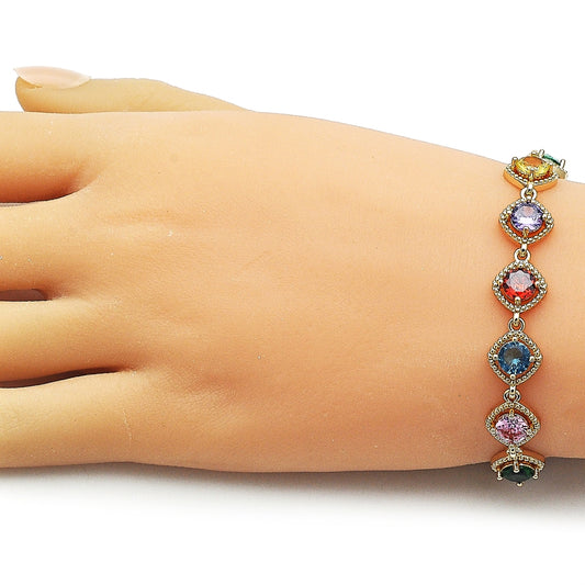 Oro Laminado Tennis Bracelet, Gold Filled Style with Multicolor Cubic Zirconia, Polished, Golden Finish