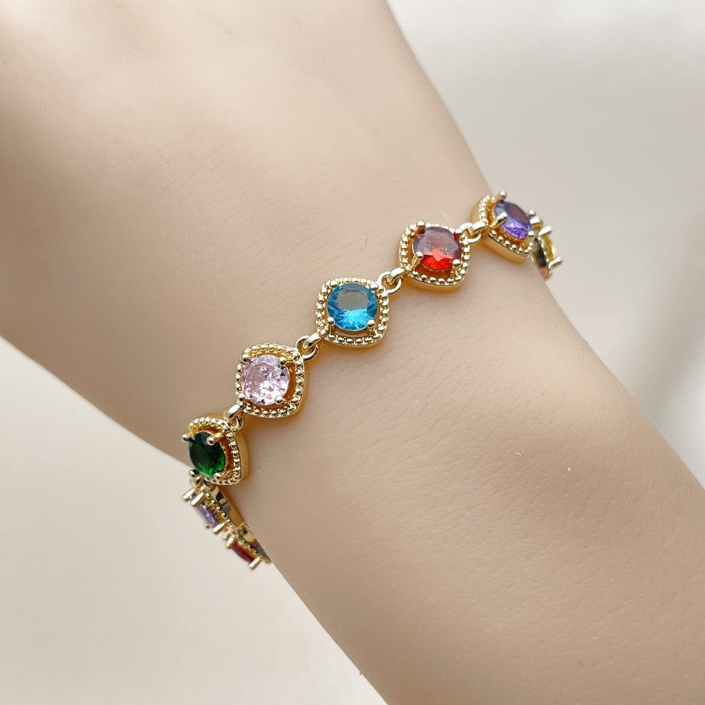 Oro Laminado Tennis Bracelet, Gold Filled Style with Multicolor Cubic Zirconia, Polished, Golden Finish