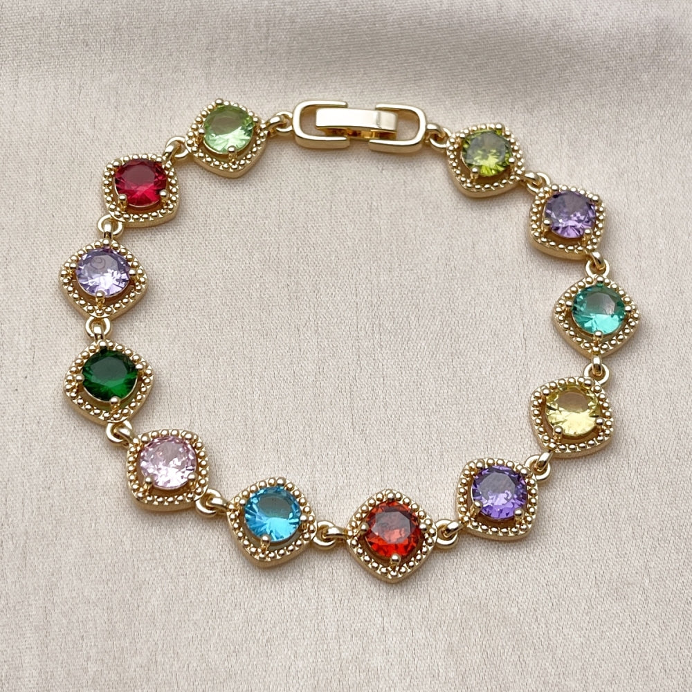 Oro Laminado Tennis Bracelet, Gold Filled Style with Multicolor Cubic Zirconia, Polished, Golden Finish