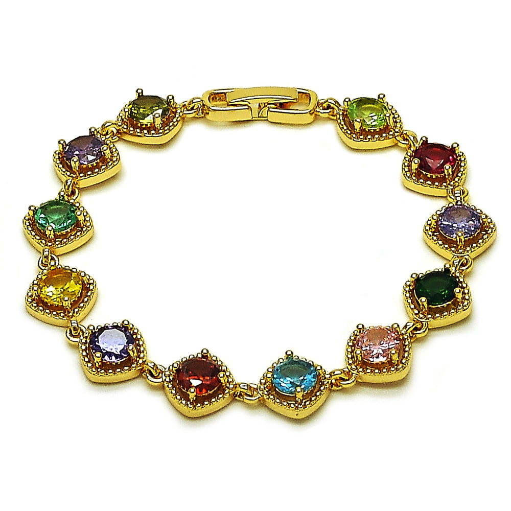 Oro Laminado Tennis Bracelet, Gold Filled Style with Multicolor Cubic Zirconia, Polished, Golden Finish