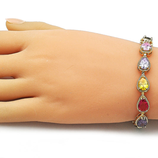 Oro Laminado Tennis Bracelet, Gold Filled Style Teardrop Design, with Multicolor Cubic Zirconia, Diamond Cutting Finish, Golden Finish