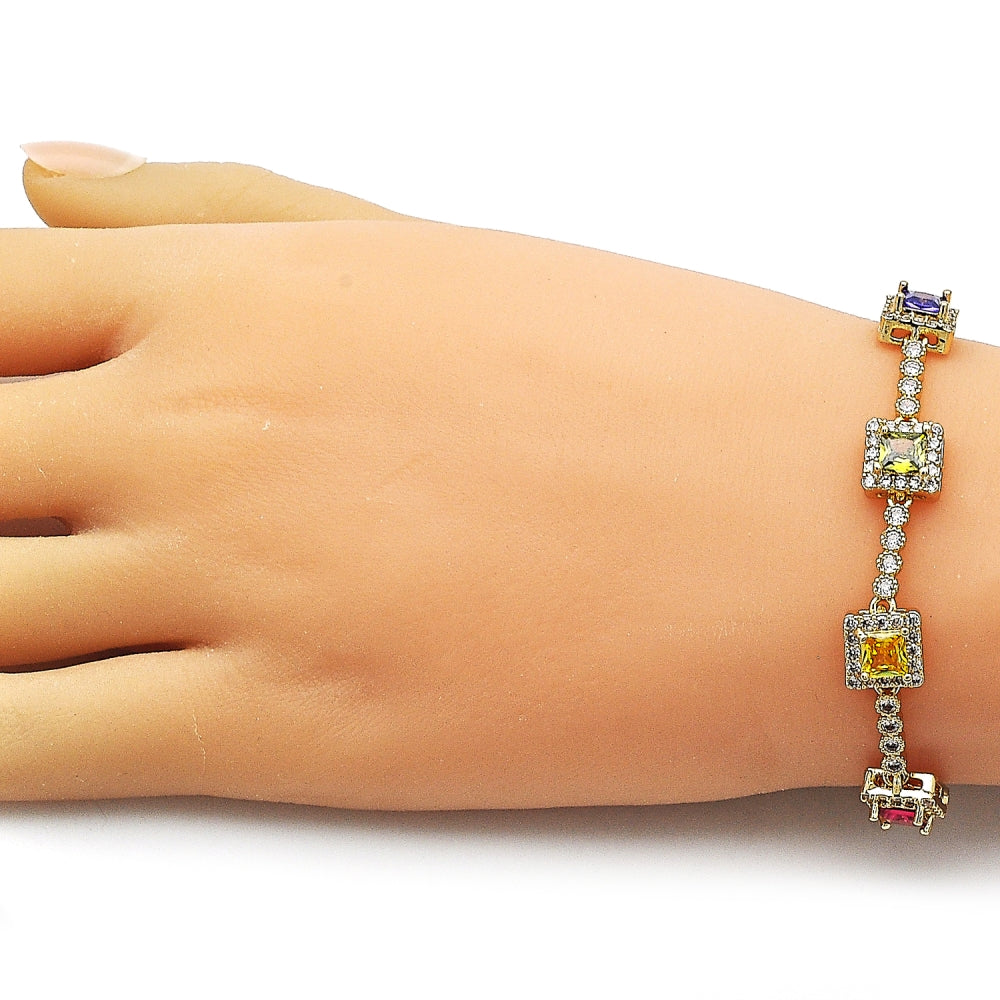 Oro Laminado Tennis Bracelet, Gold Filled Style Cluster Design, with Multicolor and White Cubic Zirconia, Polished, Golden Finish