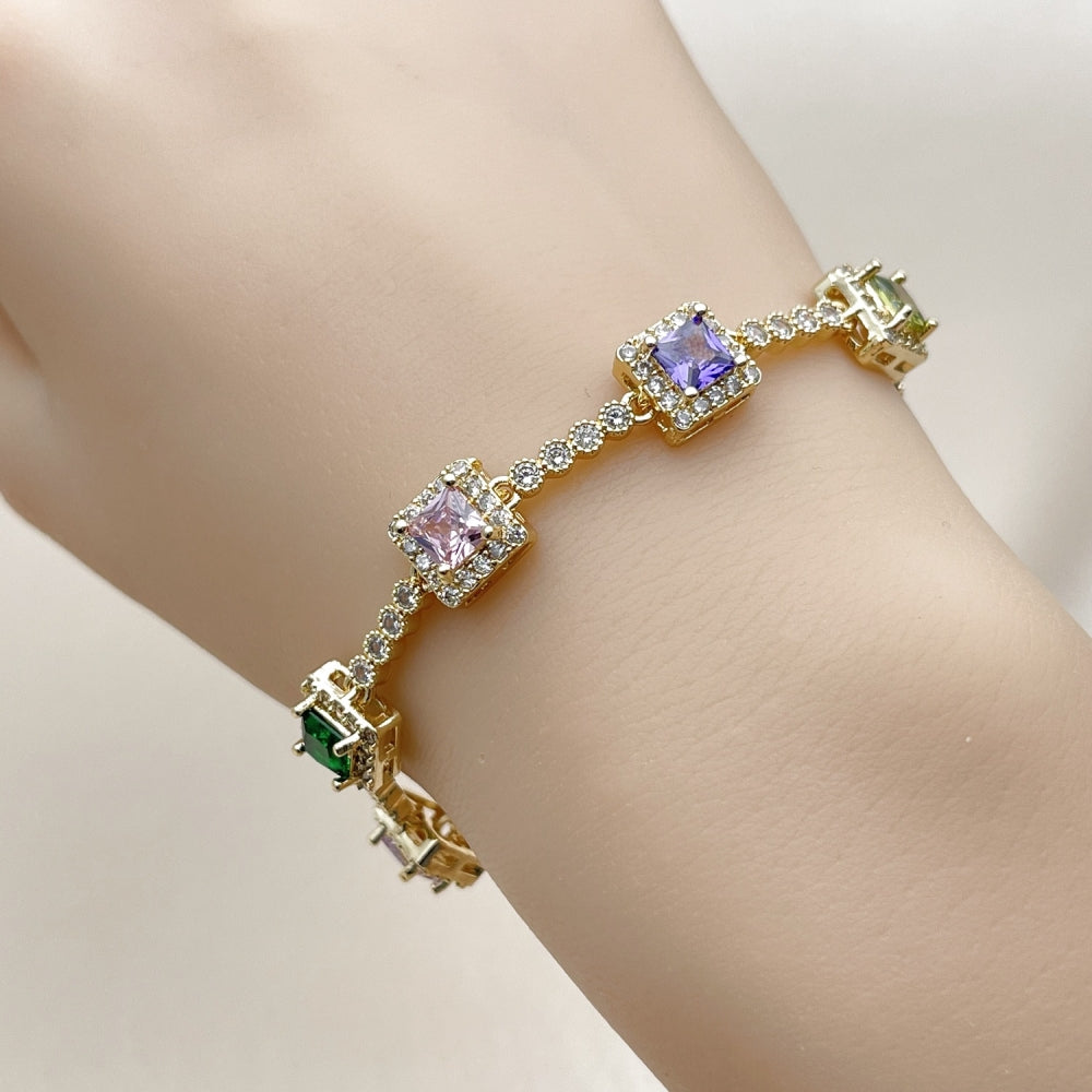 Oro Laminado Tennis Bracelet, Gold Filled Style Cluster Design, with Multicolor and White Cubic Zirconia, Polished, Golden Finish