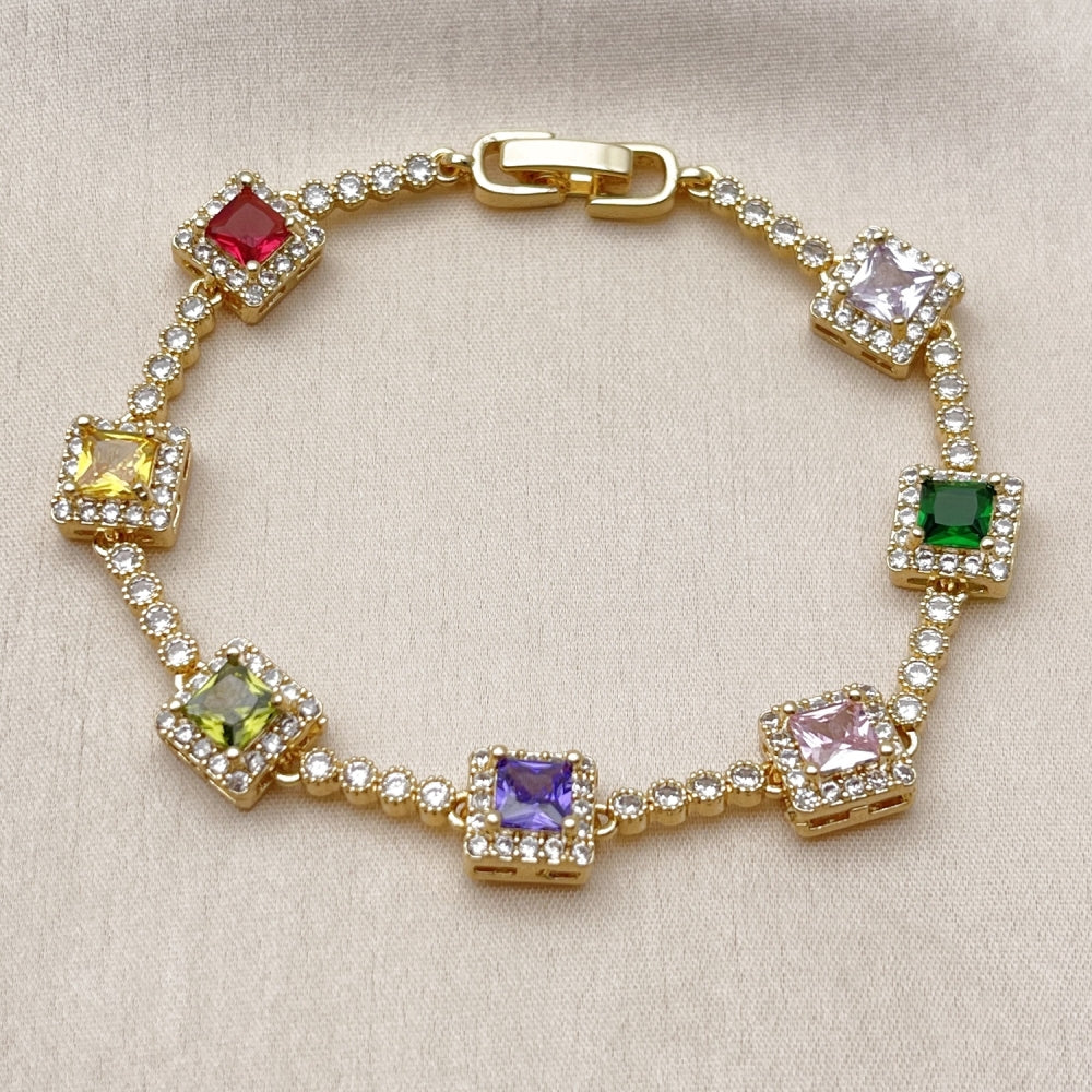 Oro Laminado Tennis Bracelet, Gold Filled Style Cluster Design, with Multicolor and White Cubic Zirconia, Polished, Golden Finish