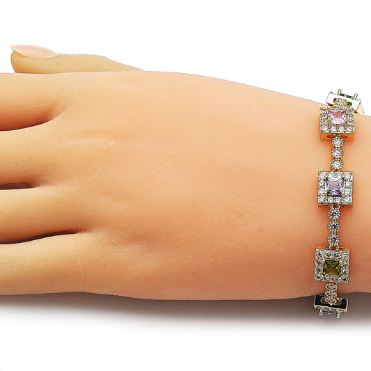 Oro Laminado Tennis Bracelet, Gold Filled Style Cluster Design, with Multicolor and White Cubic Zirconia, Polished, Golden Finish