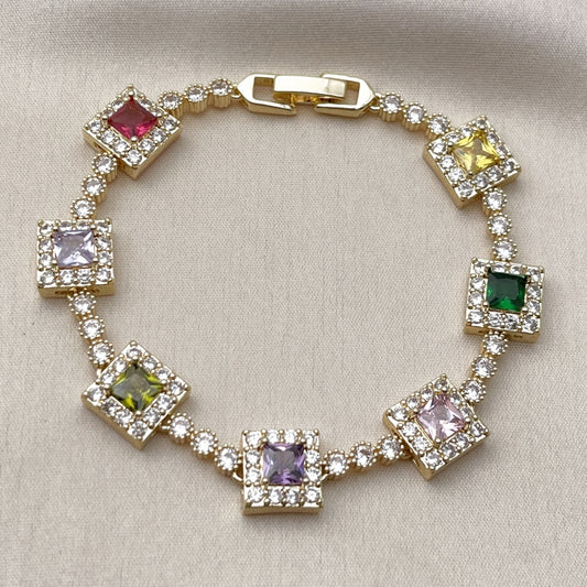 Oro Laminado Tennis Bracelet, Gold Filled Style Cluster Design, with Multicolor and White Cubic Zirconia, Polished, Golden Finish