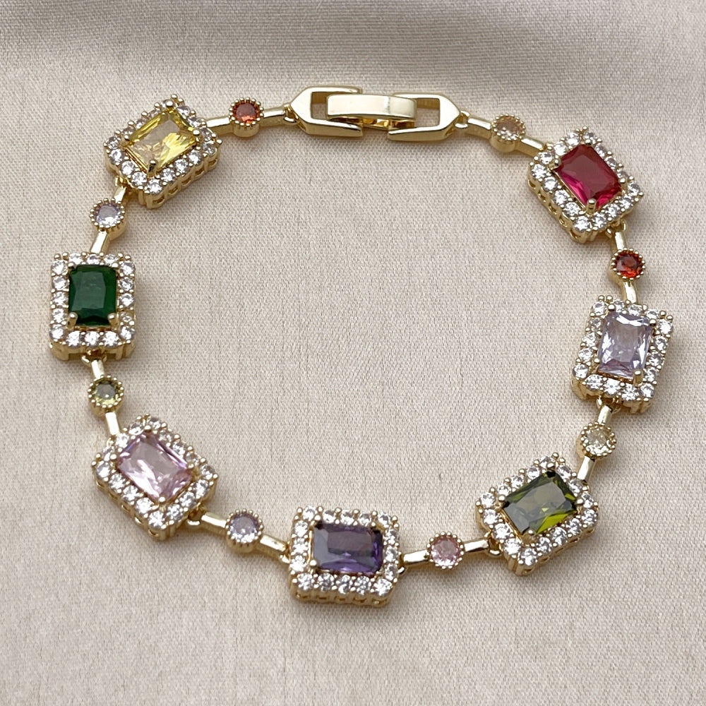 Oro Laminado Tennis Bracelet, Gold Filled Style Cluster Design, with Multicolor and White Cubic Zirconia, Polished, Golden Finish