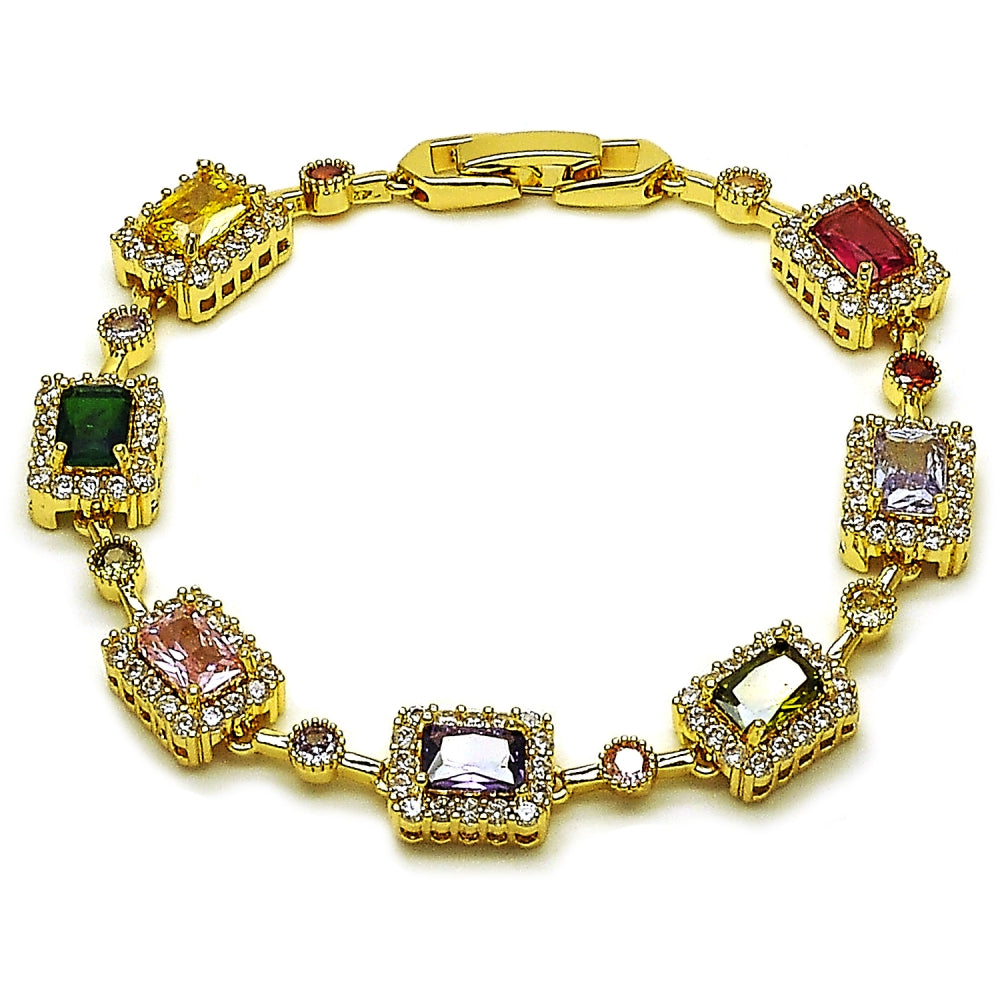 Oro Laminado Tennis Bracelet, Gold Filled Style Cluster Design, with Multicolor and White Cubic Zirconia, Polished, Golden Finish