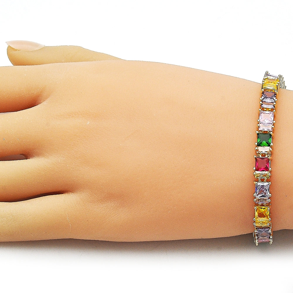 Oro Laminado Tennis Bracelet, Gold Filled Style Baguette Design, with Multicolor Cubic Zirconia, Polished, Golden Finish