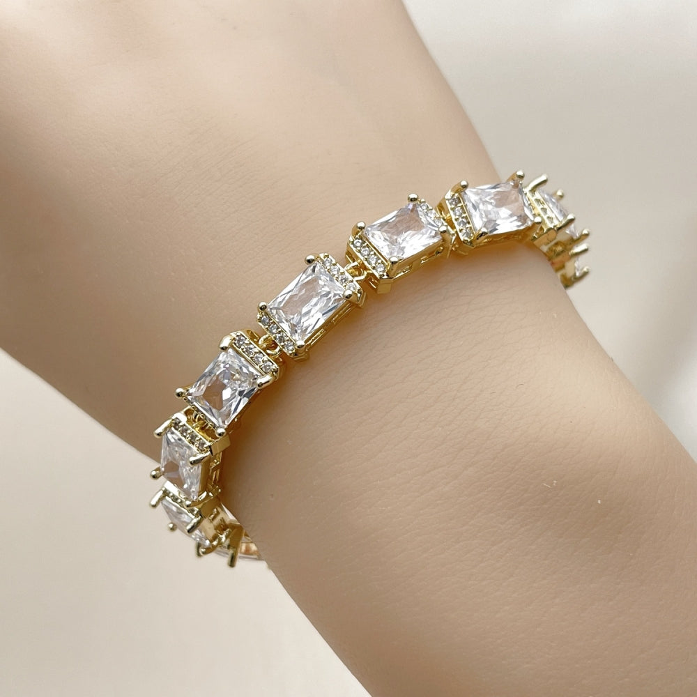 Oro Laminado Tennis Bracelet, Gold Filled Style Baguette Design, with White Cubic Zirconia and White Micro Pave, Polished, Golden Finish