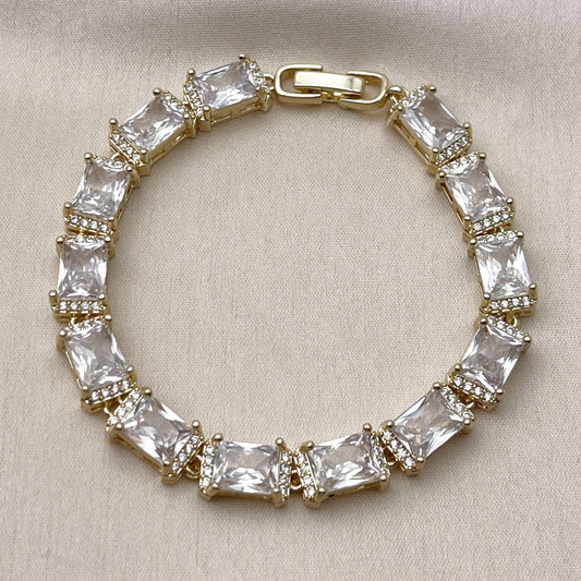 Oro Laminado Tennis Bracelet, Gold Filled Style Baguette Design, with White Cubic Zirconia and White Micro Pave, Polished, Golden Finish