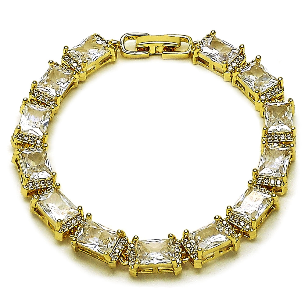 Oro Laminado Tennis Bracelet, Gold Filled Style Baguette Design, with White Cubic Zirconia and White Micro Pave, Polished, Golden Finish