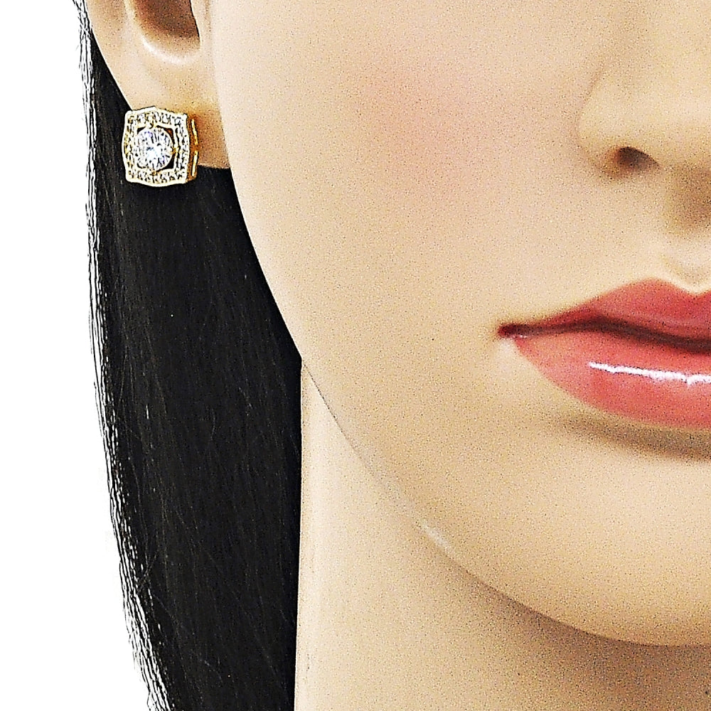 Oro Laminado Stud Earring, Gold Filled Style Cluster Design, with White Cubic Zirconia, Polished, Golden Finish