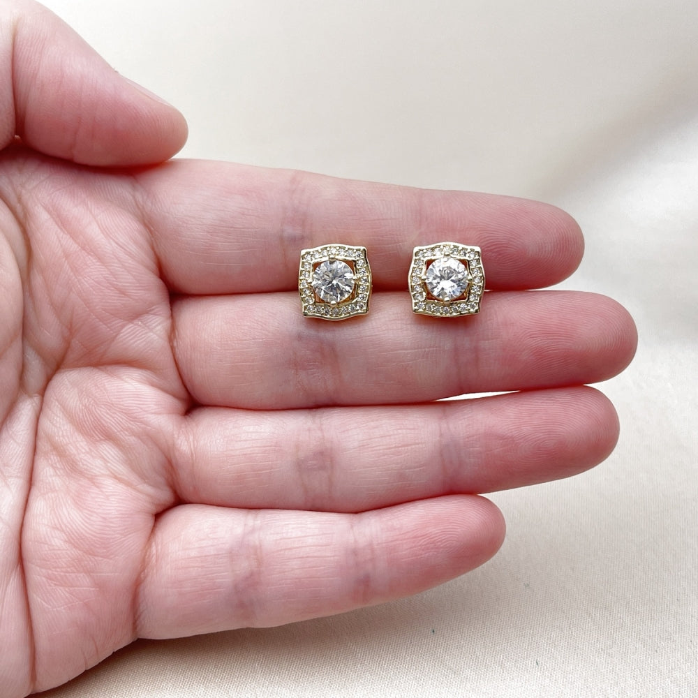 Oro Laminado Stud Earring, Gold Filled Style Cluster Design, with White Cubic Zirconia, Polished, Golden Finish