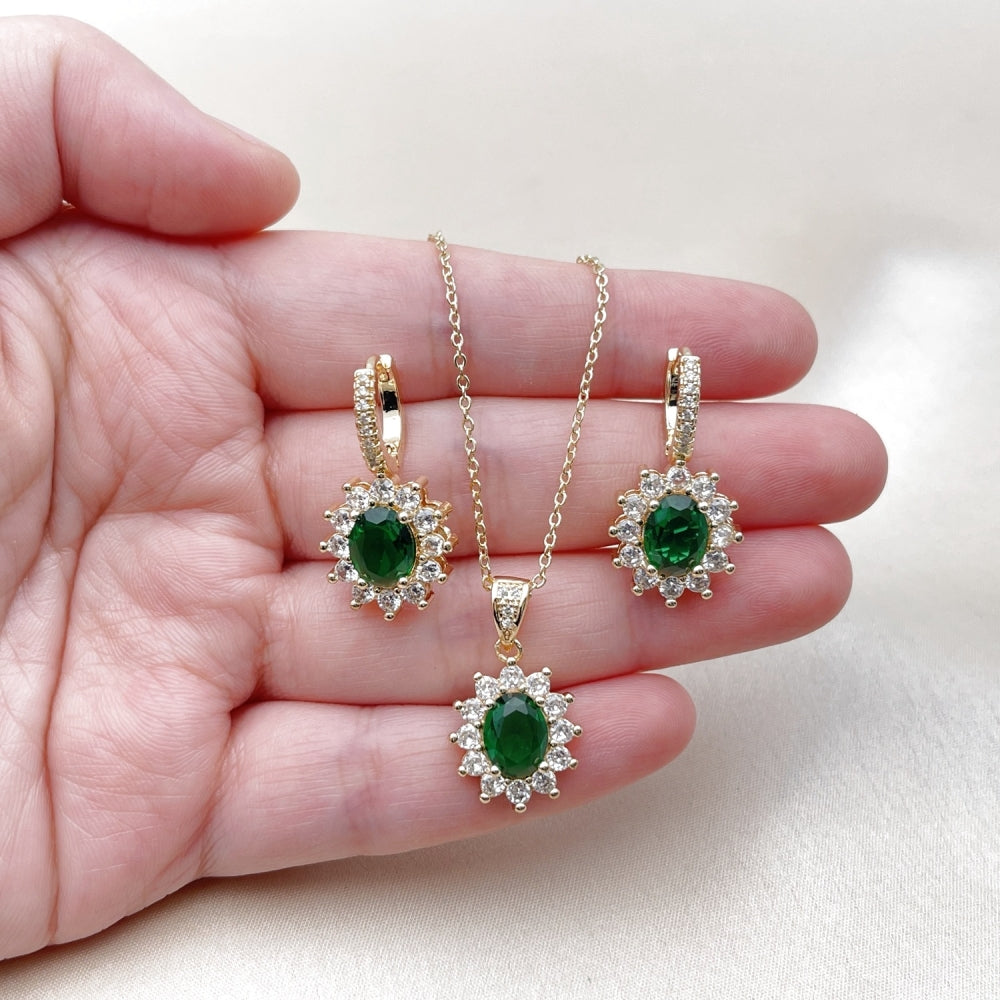 Oro Laminado Earring and Pendant Adult Set, Gold Filled Style Cluster Design, with Green and White Cubic Zirconia, Polished, Golden Finish