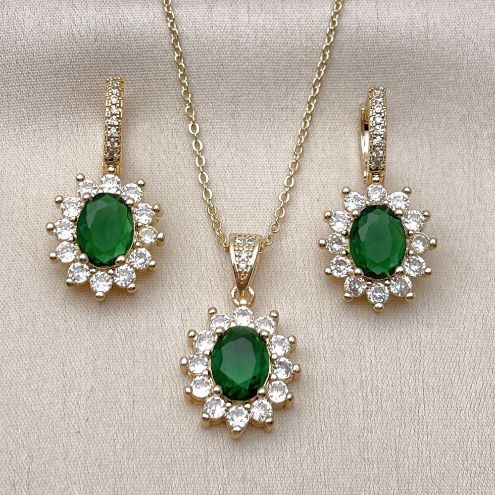 Oro Laminado Earring and Pendant Adult Set, Gold Filled Style Cluster Design, with Green and White Cubic Zirconia, Polished, Golden Finish