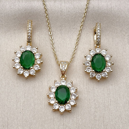 Oro Laminado Earring and Pendant Adult Set, Gold Filled Style Cluster Design, with Green and White Cubic Zirconia, Polished, Golden Finish