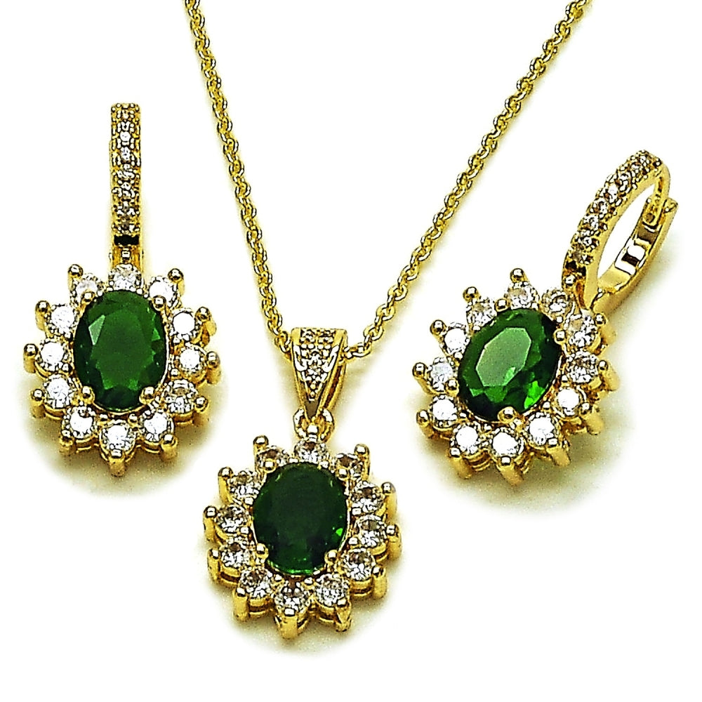 Oro Laminado Earring and Pendant Adult Set, Gold Filled Style Cluster Design, with Green and White Cubic Zirconia, Polished, Golden Finish
