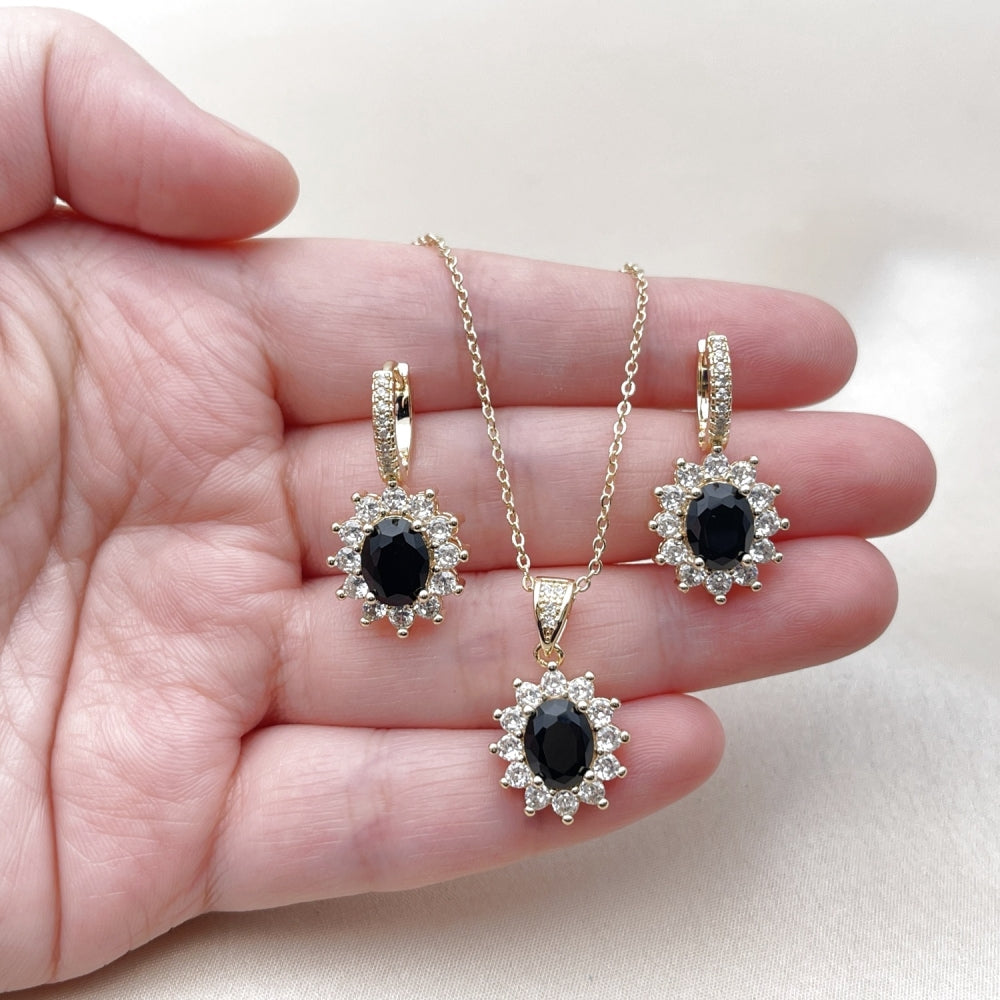 Oro Laminado Earring and Pendant Adult Set, Gold Filled Style Cluster Design, with Black and White Cubic Zirconia, Polished, Golden Finish