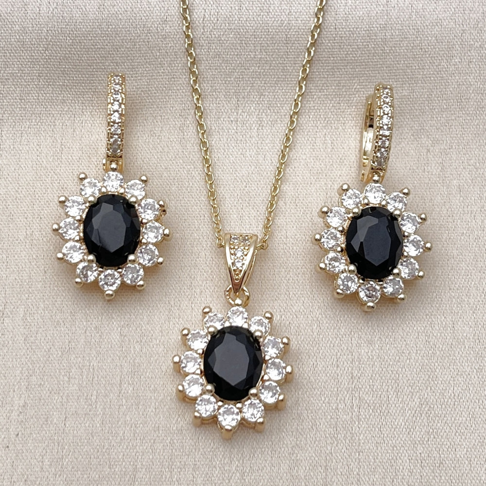 Oro Laminado Earring and Pendant Adult Set, Gold Filled Style Cluster Design, with Black and White Cubic Zirconia, Polished, Golden Finish