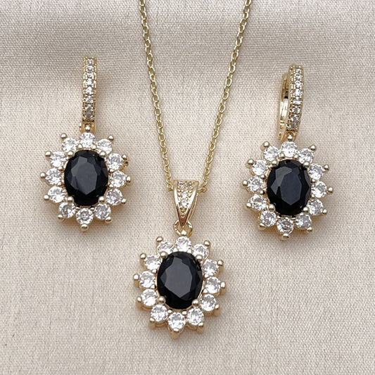 Oro Laminado Earring and Pendant Adult Set, Gold Filled Style Cluster Design, with Black and White Cubic Zirconia, Polished, Golden Finish