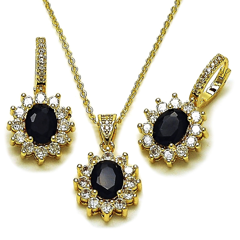 Oro Laminado Earring and Pendant Adult Set, Gold Filled Style Cluster Design, with Black and White Cubic Zirconia, Polished, Golden Finish