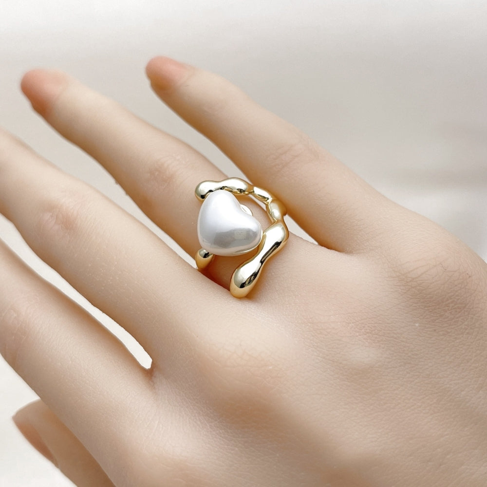 Oro Laminado Multi Stone Ring, Gold Filled Style Heart Design, with Ivory Mother of Pearl, Polished, Golden Finish