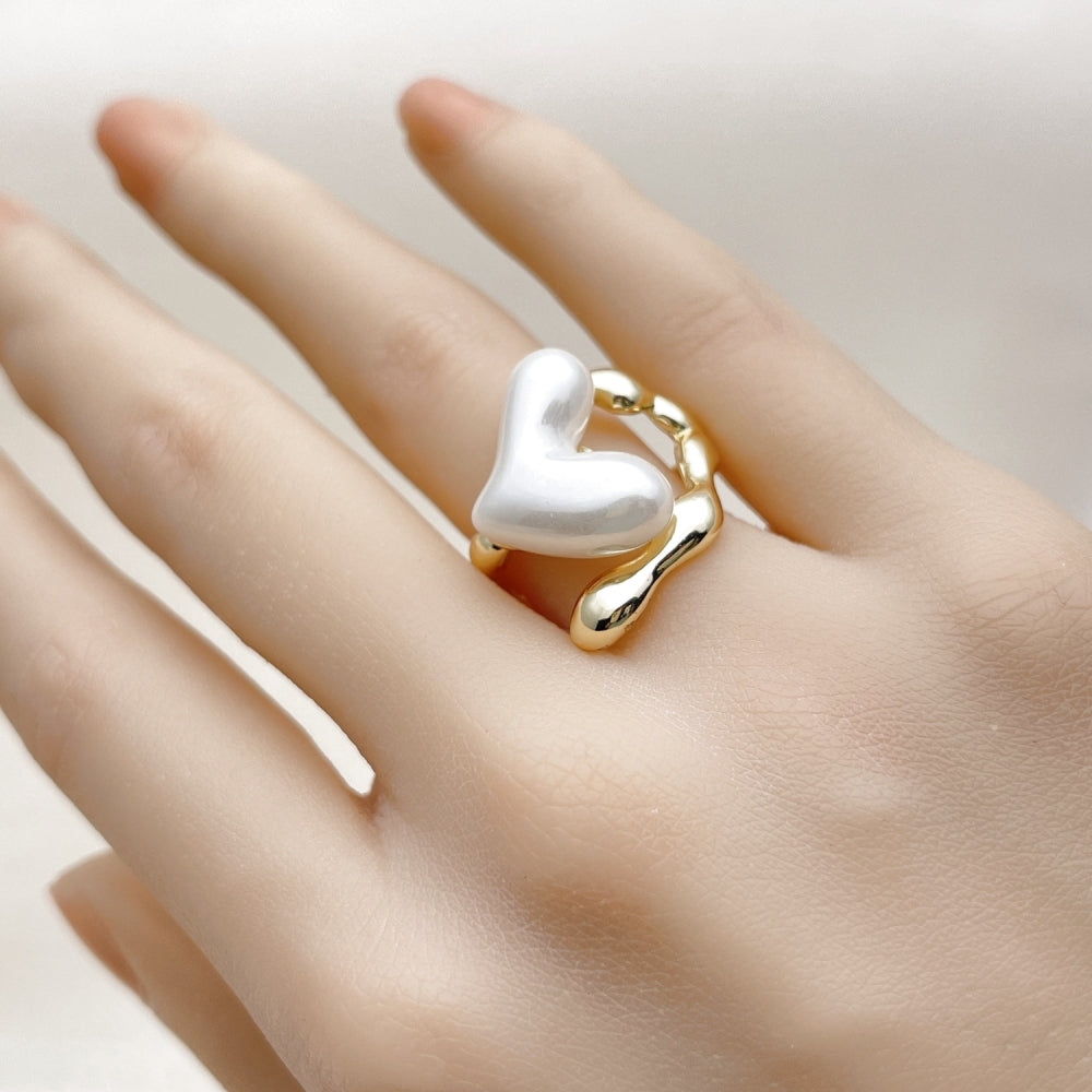 Oro Laminado Multi Stone Ring, Gold Filled Style Heart Design, with Ivory Mother of Pearl, Polished, Golden Finish