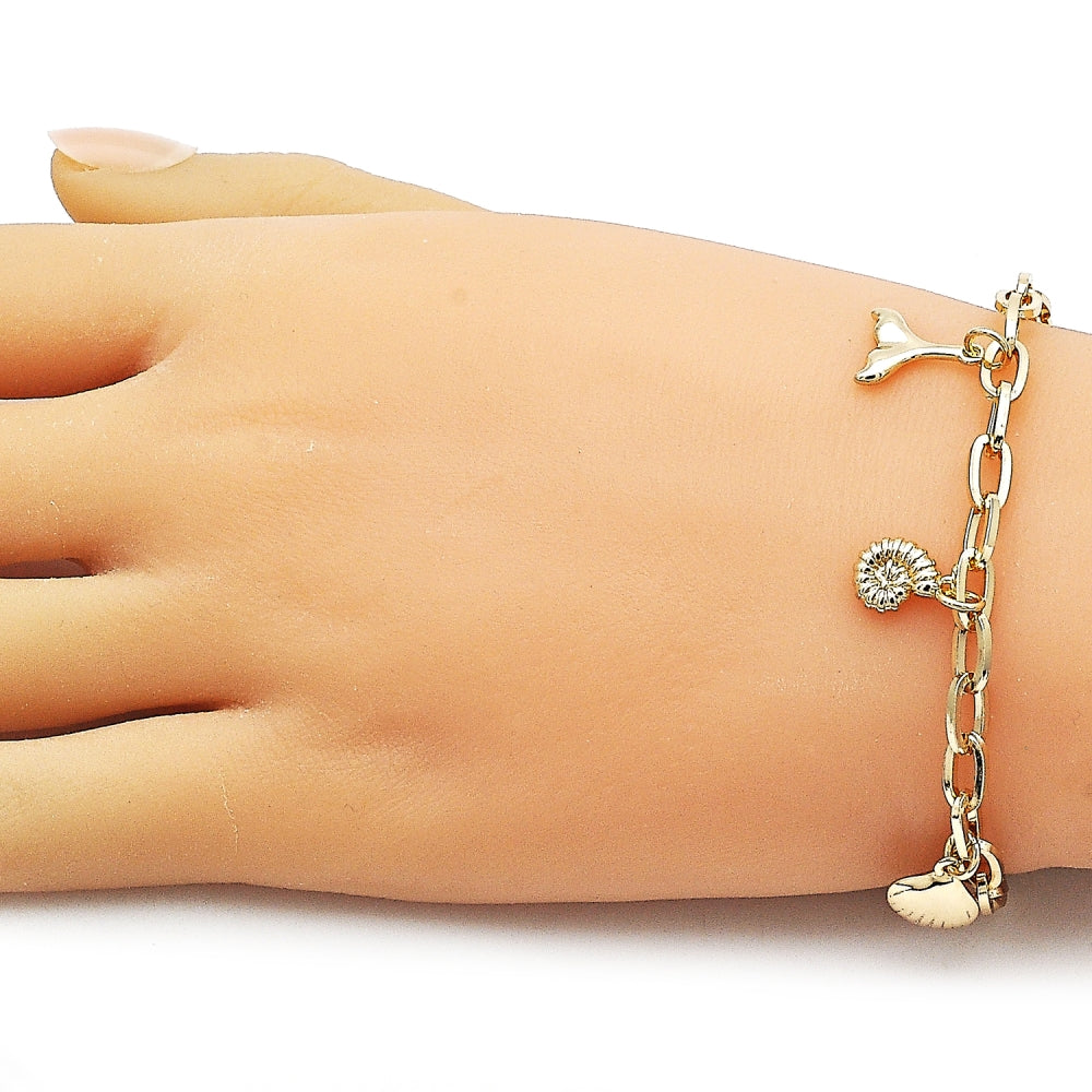 Oro Laminado Charm Bracelet, Gold Filled Style Shell and Snail Design, Polished, Golden Finish