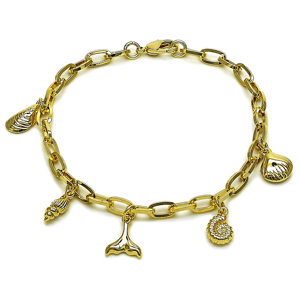 Oro Laminado Charm Bracelet, Gold Filled Style Shell and Snail Design, Polished, Golden Finish