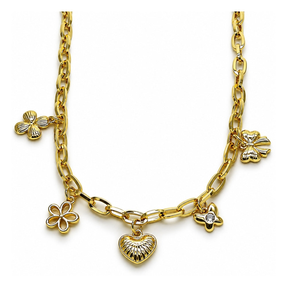 Oro Laminado Fancy Necklace, Gold Filled Style Heart and Butterfly Design, Polished, Golden Finish