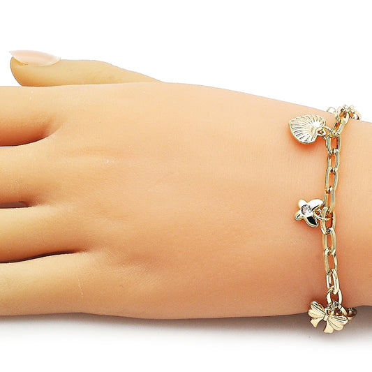 Oro Laminado Charm Bracelet, Gold Filled Style Heart and Flower Design, Polished, Golden Finish