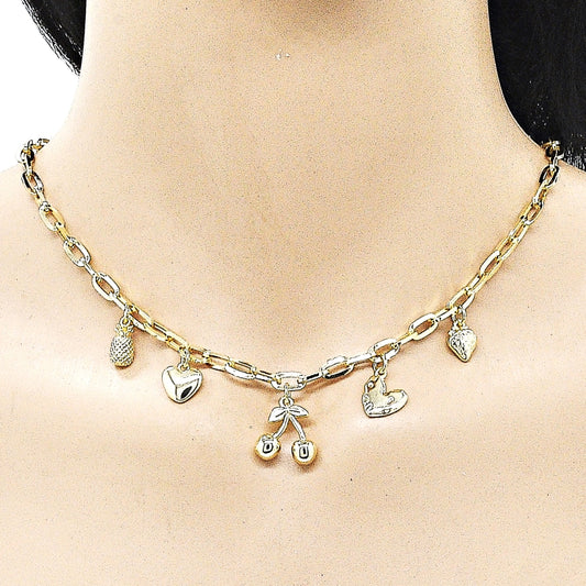Oro Laminado Fancy Necklace, Gold Filled Style Cherry and Heart Design, Polished, Golden Finish