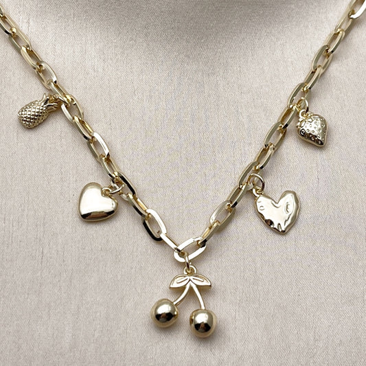 Oro Laminado Fancy Necklace, Gold Filled Style Cherry and Heart Design, Polished, Golden Finish