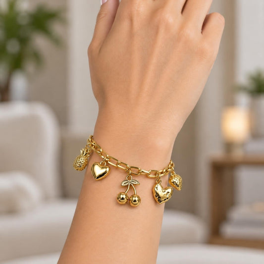 Oro Laminado Charm Bracelet, Gold Filled Style Cherry and Heart Design, Polished, Golden Finish