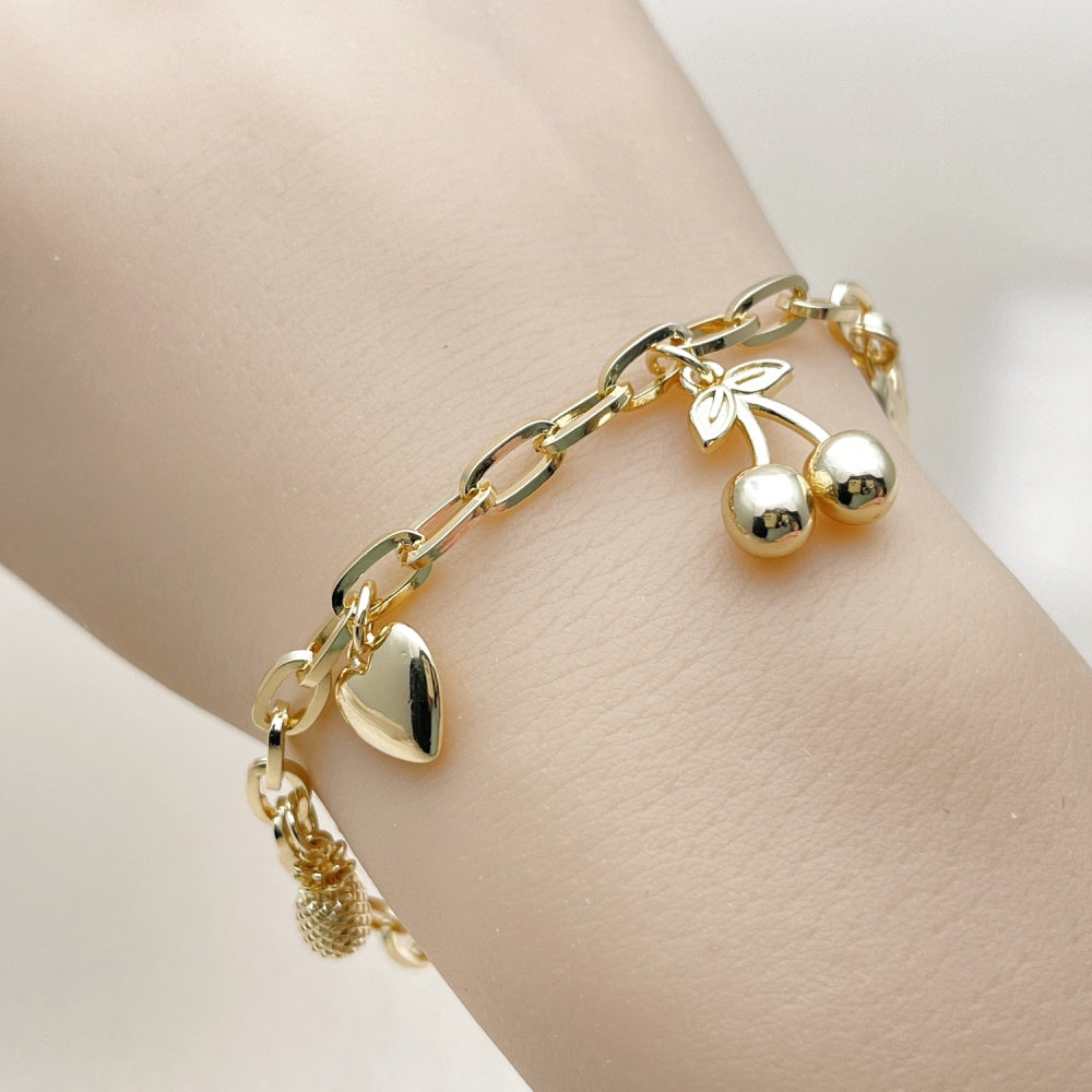 Oro Laminado Charm Bracelet, Gold Filled Style Cherry and Heart Design, Polished, Golden Finish