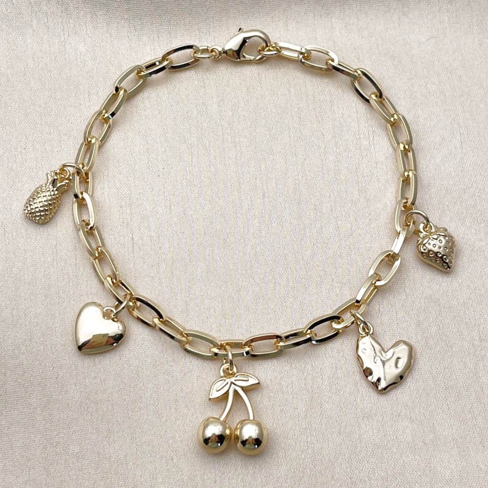 Oro Laminado Charm Bracelet, Gold Filled Style Cherry and Heart Design, Polished, Golden Finish