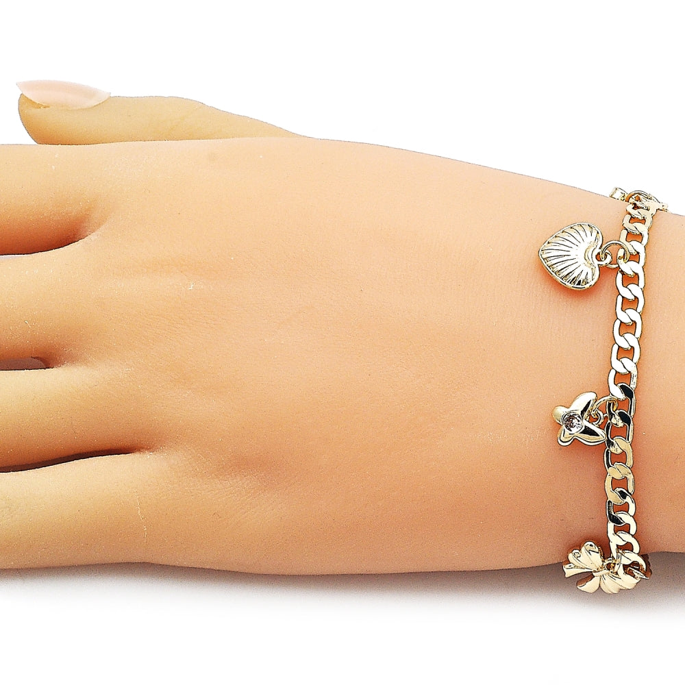 Oro Laminado Charm Bracelet, Gold Filled Style Heart and Butterfly Design, Polished, Golden Finish