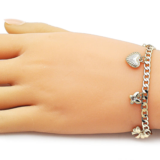 Oro Laminado Charm Bracelet, Gold Filled Style Heart and Butterfly Design, Polished, Golden Finish