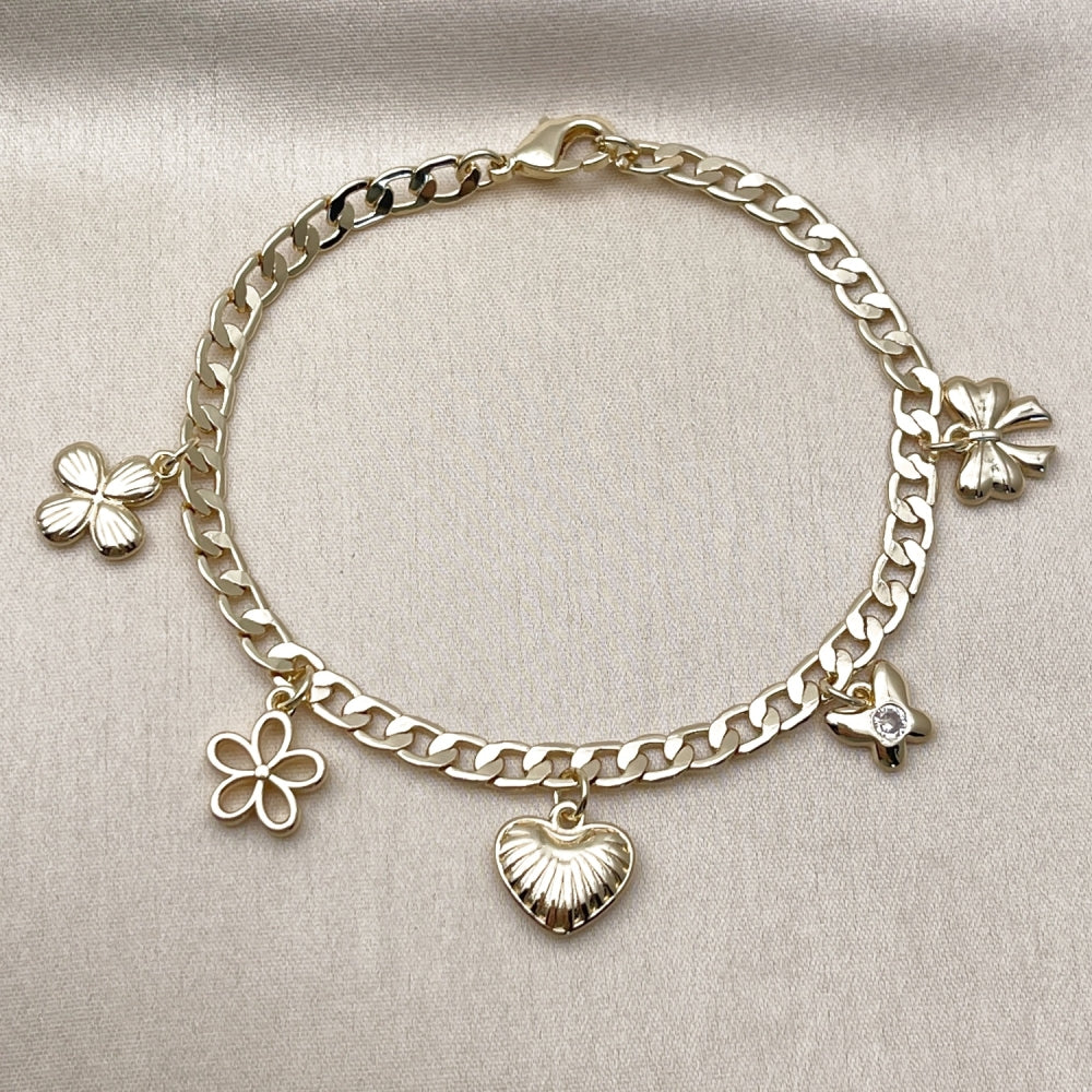 Oro Laminado Charm Bracelet, Gold Filled Style Heart and Butterfly Design, Polished, Golden Finish